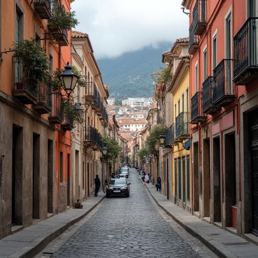 Street view of Bacharat with colorful buildings on either side. Cobblestone road with trees and a car in the street. Mountains visible in the background.