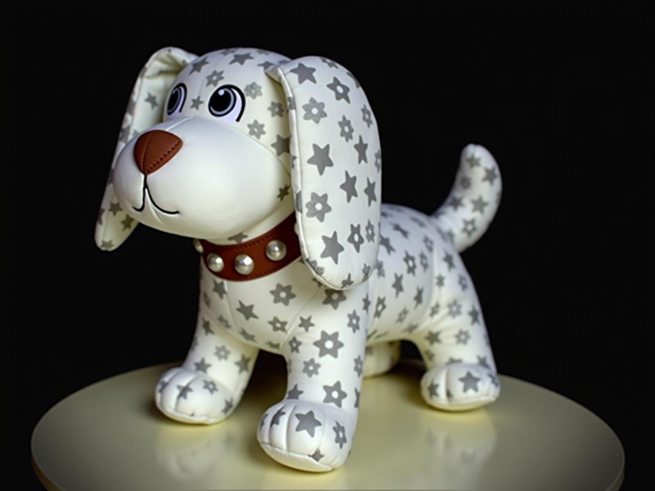 The image depicts a stylized, plush representation of a dog. It features a unique design with a combination of white and grey patterns, including stars and flowers. The dog has a distinct round face, large eyes, and upright ears. A brown collar with silver studs enhances its appearance. The background is dark, which contrasts with the light color of the plush dog. It is placed on a round table, giving it a clear and focused presentation.