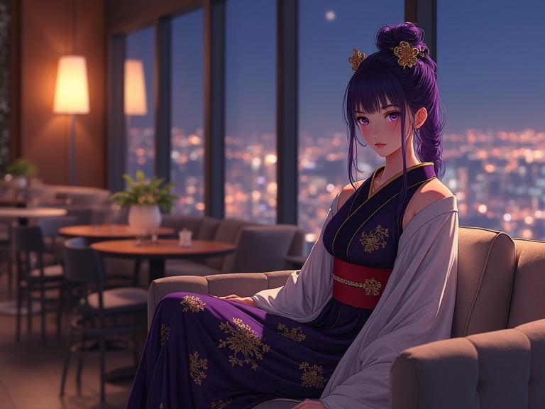Full-body view of a beautiful anime-style lady with dark violet updo secured with traditional Japanese hairpins. Calm and confident expression with large violet eyes. Luxurious kimono with white sleeves and golden floral patterns layered over black base with gold embroidery. Red obi belt tied around waist. Seated comfortably on luxurious sofa in high-end lounge with panoramic city nightscape. Relaxed pose with legs crossed. Dimly lit warm ambient setting. Elegant modern furniture. Overall sophisticated and peaceful atmosphere.