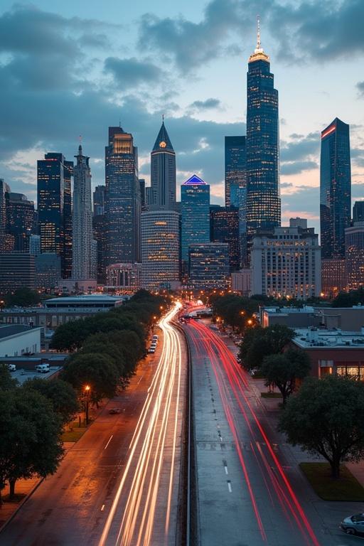 City skyline at dusk with traffic lights on the highway. Beautiful urban view showing buildings against clouded sky.