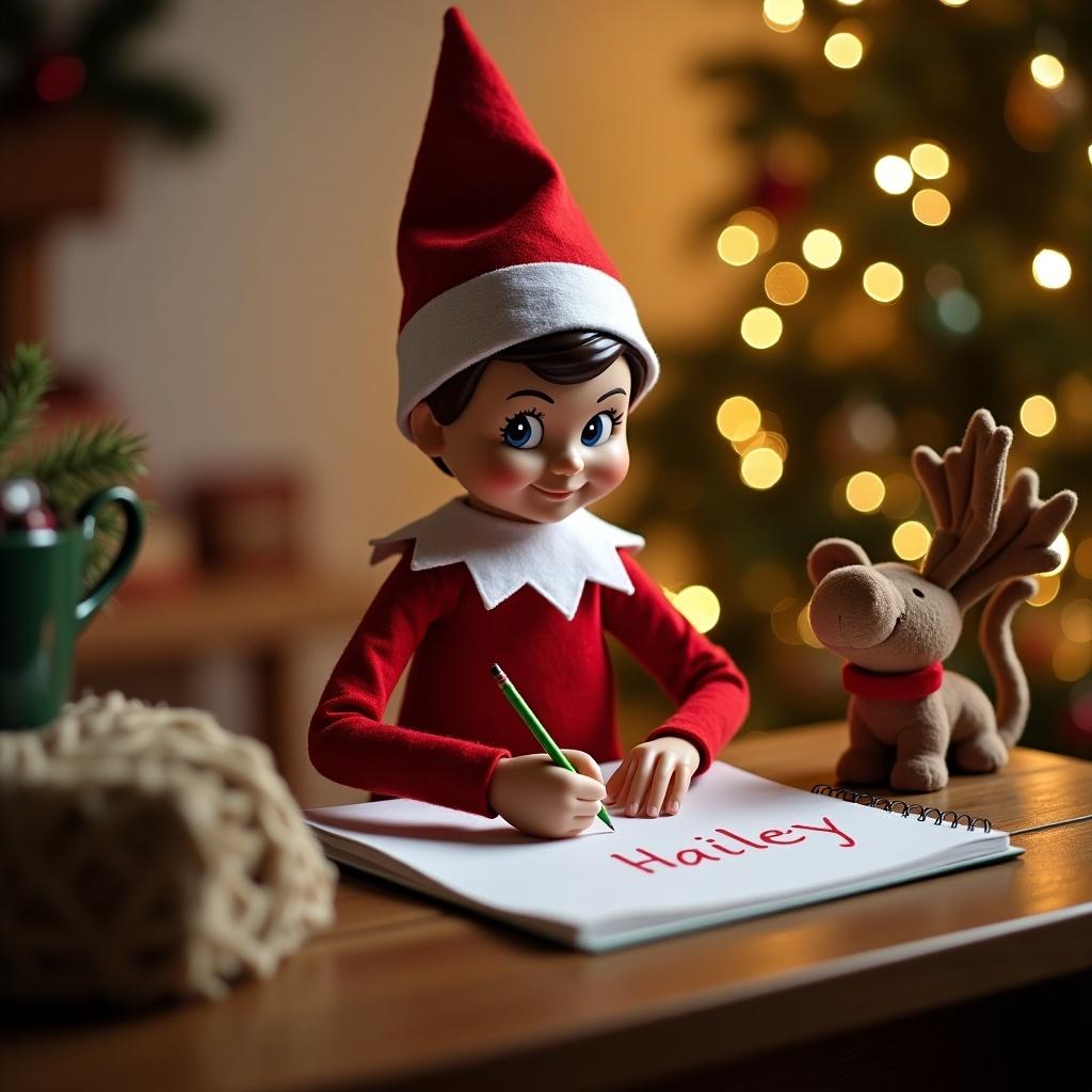 This image features an Elf on the Shelf, a popular Christmas tradition, sitting at a wooden table in a cozy, festive setting. The elf is wearing a red outfit with a white collar and a cheerful expression. It is writing the name 'Hailey' in a notebook with a green pen. Beside the elf, there is a cute reindeer toy and a green mug, adding to the holiday charm. The background is beautifully lit with Christmas lights and a decorated tree, enhancing the festive mood of the scene. This setup perfectly captures the whimsy and joy of the Christmas season.