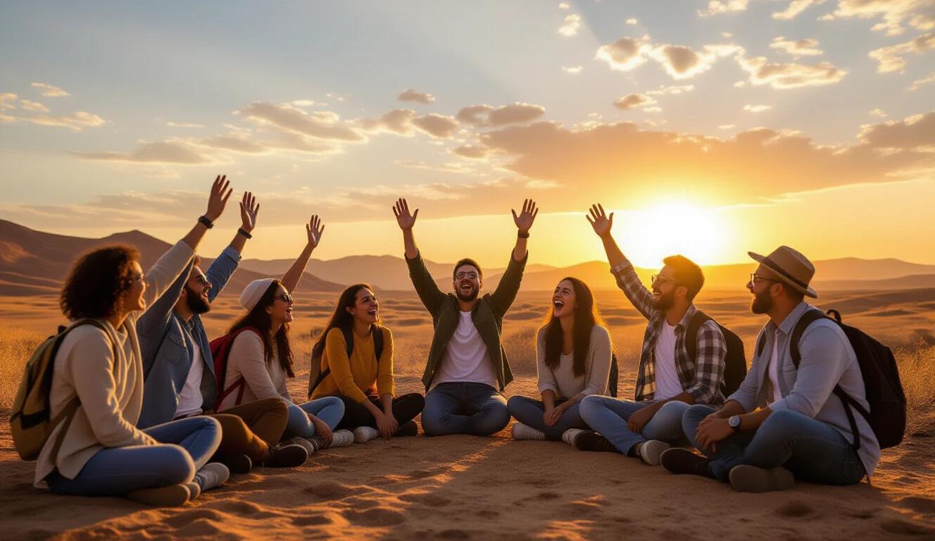 Group of people in the desert with hands raised in joy. Twilight sky bright with golden tones. Landscape evokes feelings of relief and happiness. Gathered together in a circle, sharing a moment of expression.
