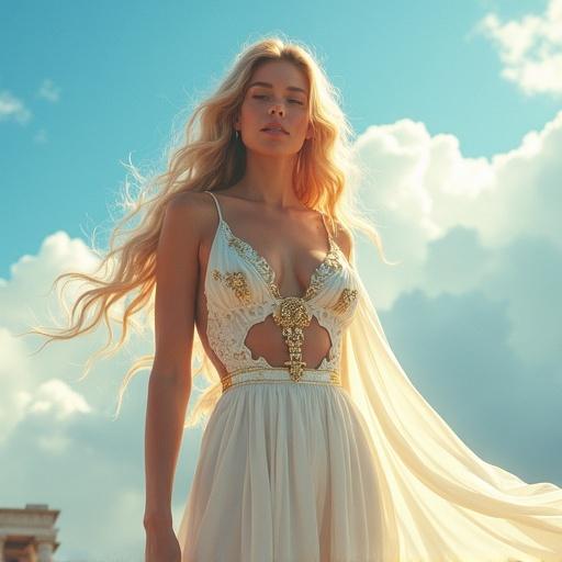 A beautiful woman inspired by Hebe, the Greek goddess of youth, stands under a bright midsummer sky. She wears a white and gold gown with elegant cutouts. The dress contours her body with translucent layers that flutter in the breeze. Golden clasps and embroidery adorn the gown. Her long hair floats in the breeze and she has wings of light near her shoulders. Celestial temple ruins shimmer in the background.
