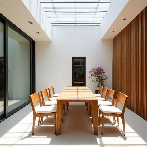 Photograph of a modern outdoor dining area. Features a rectangular wooden table and six wooden chairs. Chairs have white cushions. Skylight ceiling with glass panels. Bright daylight illuminates the space. Minimalist design with white walls. Large glass sliding doors on the left. Wooden slatted wall on the right. Small potted plant with pink flowers in the bottom right corner. Outdoor view through narrow doorway at the back. Greenery visible outside. Clean and sleek aesthetic. Bright and airy atmosphere. Sunlight casting shadows. Reflection on glass doors. Contemporary style. Simple and elegant decor. Daytime with no people. High quality image with sharp details and bright colors. Modern outdoor patio design.
