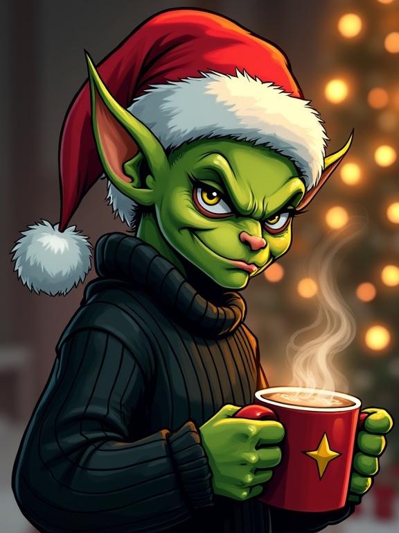 Stylized blend of realism and comic book art featuring a green-skinned goblin wearing a red Santa hat. The goblin has a sly expression and is holding a steaming mug of hot cocoa. Warm bokeh lights in the background add to the festive atmosphere. His attire includes a black ribbed sweater and yellow studs on his ears.