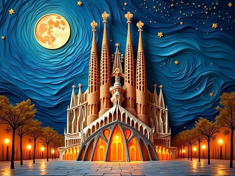 3D masterpiece of Sagrada Familia in Barcelona. Nighttime scene with vibrant layered colors. Moonlight reflects on intricate papercraft structure. Detailed origami paper folds create depth. Street lamps glow warmly. Unique artistic interpretation inspired by Van Gogh. Beautiful decorative elements and textures enhance visual appeal.