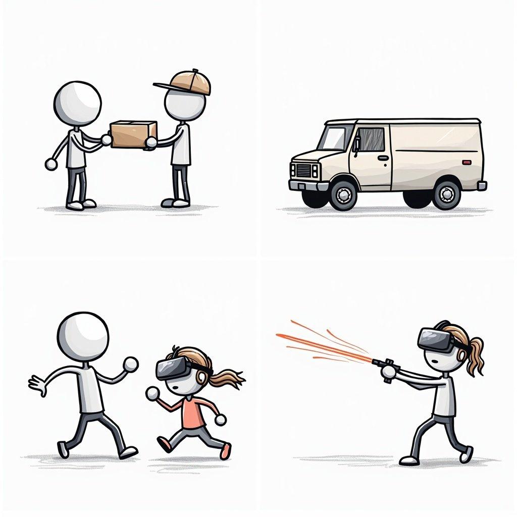 Four stickman scenes. First scene shows package being shipped to a van. Second scene features the van traveling to the city. Third scene depicts a guy receiving a package. Fourth scene illustrates a girl wearing VR goggles playing beat saber.