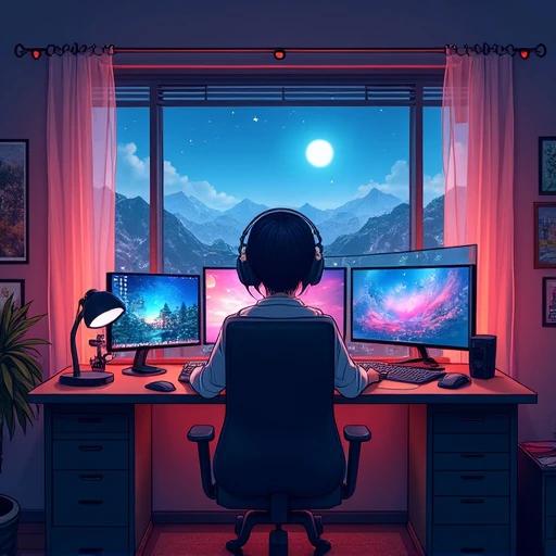 A bedroom with an anime style. A trader works at a desk surrounded by screens. A view of mountains and a moonlit sky shows through the window.