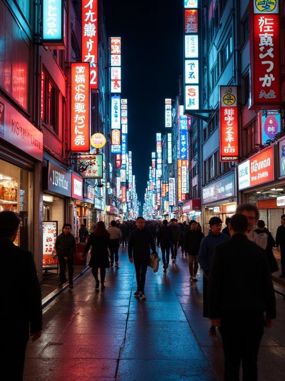 Narrow street in Tokyo at night with vibrant neon signs and reflections on wet ground. Crowded with pedestrians. Dynamic urban photography style, designed as a mobile wallpaper.
