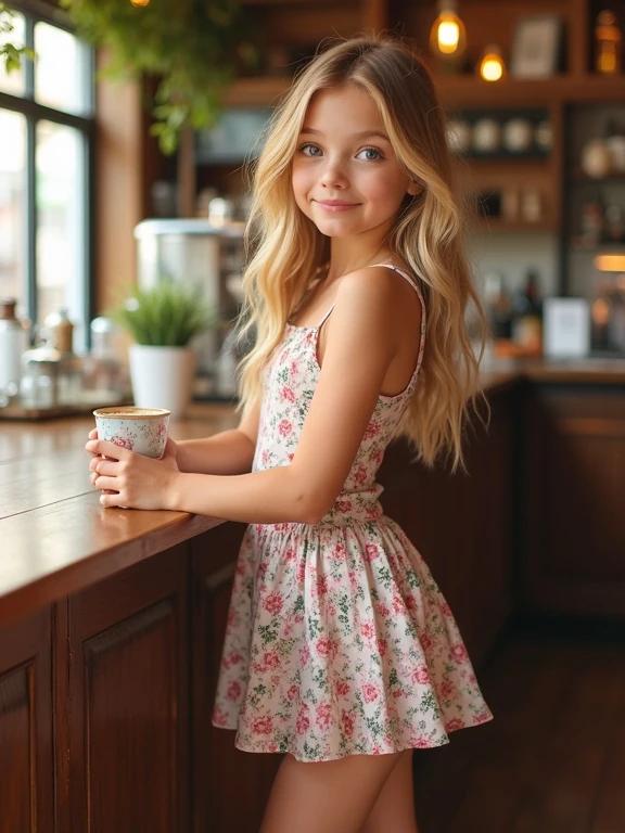 Girl poses at coffee shop. Floral sundress with a full skirt. Long blonde hair. Standing near wooden counter. Coffee cup in hand. Bright ambiance with natural surroundings.