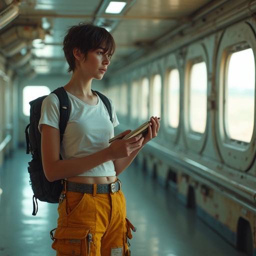 Photorealistic image of a young female journalist in a spaceship. She is taking notes while observing her surroundings. She wears retro futuristic space pants and a white t-shirt. She has short hair and stands in a spaceship hallway. The atmosphere seems grungy and adventurous.