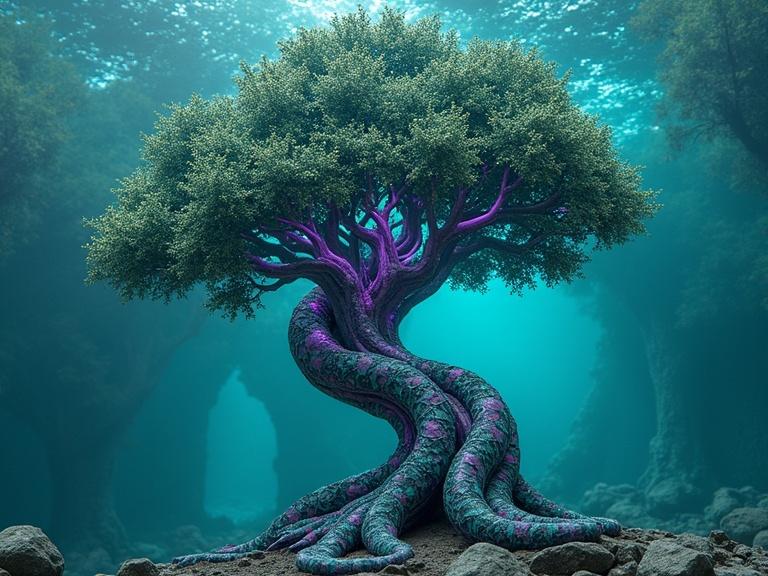 A towering alebrije olive tree sculpted from turquoise-veined marble stone. Intricate quantum network of helix-like structures. Translucent purple and dark teal fluids pulse through glowing channels. Form twists with eerie symmetry. Merges sinew and machinery. Background is a sparkling cosmic turquoise ocean.