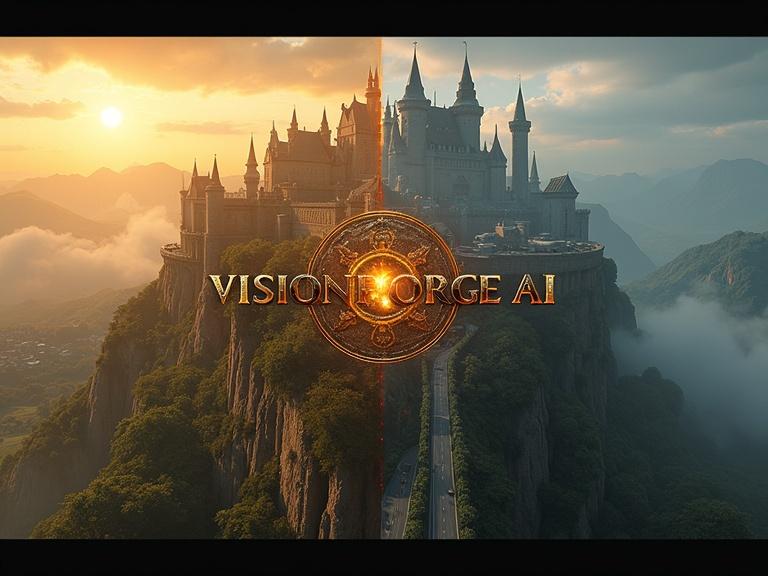 Panoramic cinematic YouTube banner in 8K resolution blending iconic game environments. Left side features a golden fantasy castle on a cliff with banners and god rays. Center displays a weathered AI emblem with 'Visionforge AI'. Right side shows a ruined highway and overgrown cityscape with mist and broken signs. Smooth color transition from warm to cool tones. Cinematic, photorealistic quality with epic lighting.