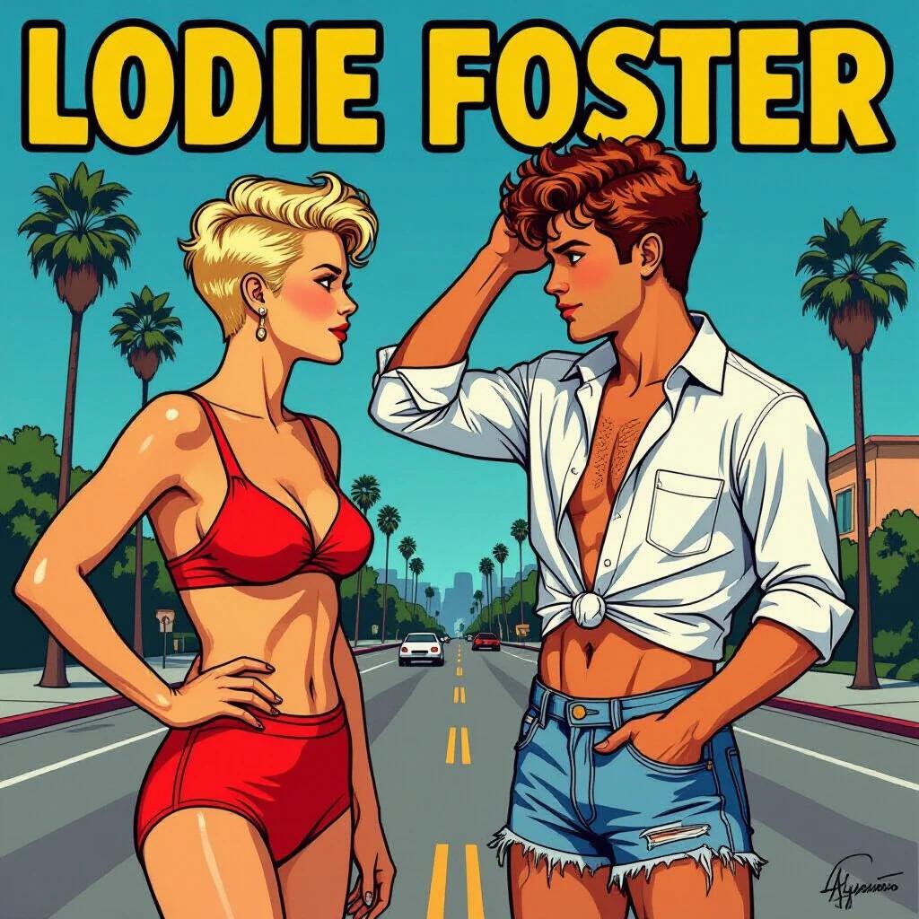 The image is a comic-style illustration featuring a young woman and a young man standing face to face. The woman wears a knotted white shirt and faded denim shorts with one hand on her hip. The man is in red speedos with curly hair. The background shows palm trees and a Los Angeles street.