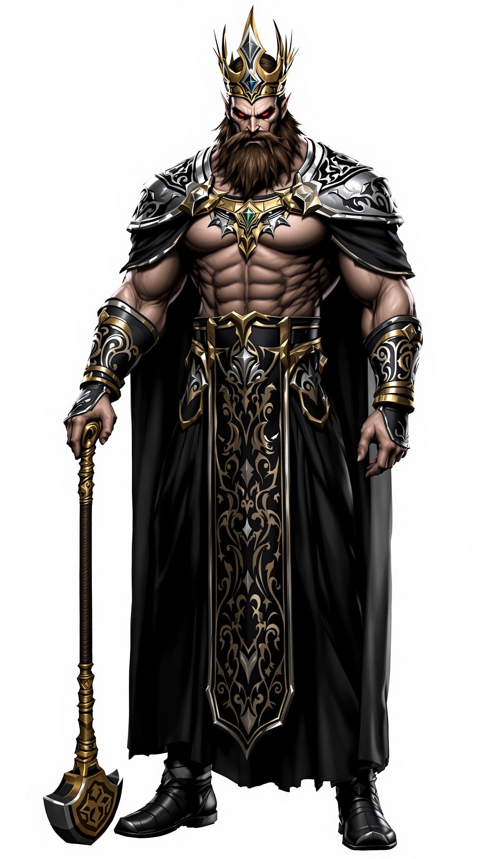 This image features a tall and muscular king, exuding power and authority. He is dressed in dark royal robes that showcase intricate silver and gold patterns, giving him a regal yet intimidating appearance. The king's crown is designed to be menacing, adding to his fierce aura. Clutched in his hand is a fearsome mace, symbolizing strength and readiness for battle. His posture conveys confidence, making him a striking figure in the realm of fantasy.