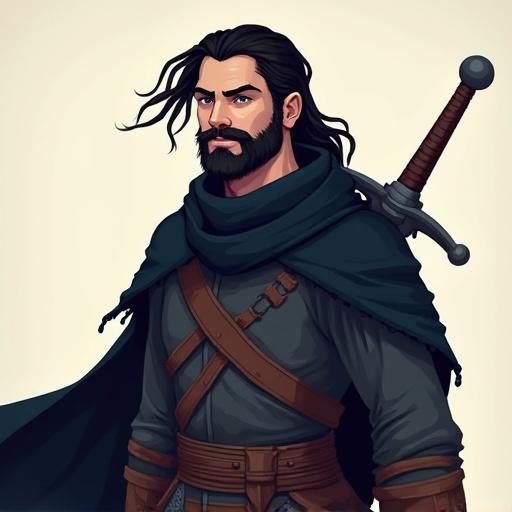 Young warrior with short black beard and long black hair wearing black cloak and black scarf carrying sword on his back. Style is pixel art.