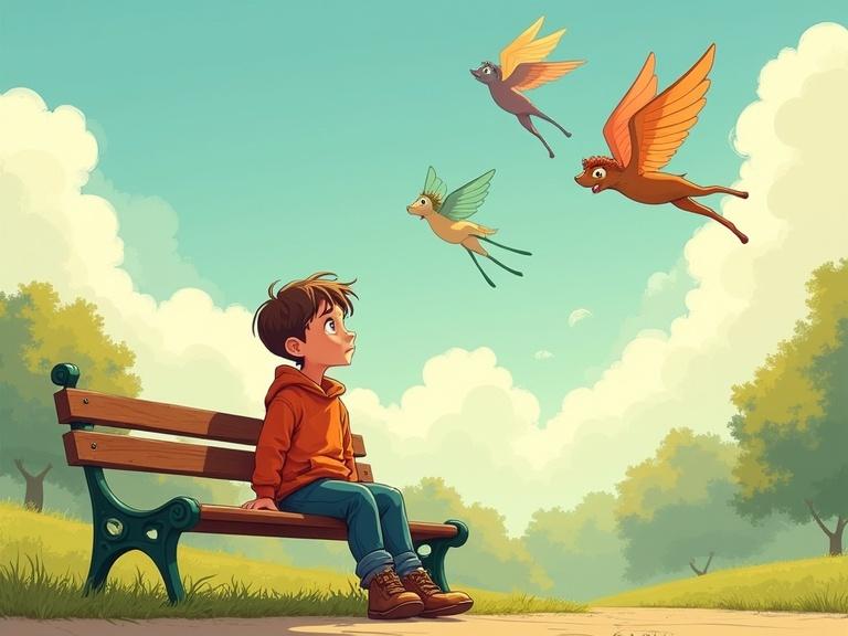 A young boy sitting alone on a park bench on a sunny day. He looks up at the sky with a wistful expression. In the background, colorful winged people are flying above. Elias's posture is slightly slumped. The scene has a quiet longing and isolation feel. Style is realistic fantasy illustration with warm daylight.