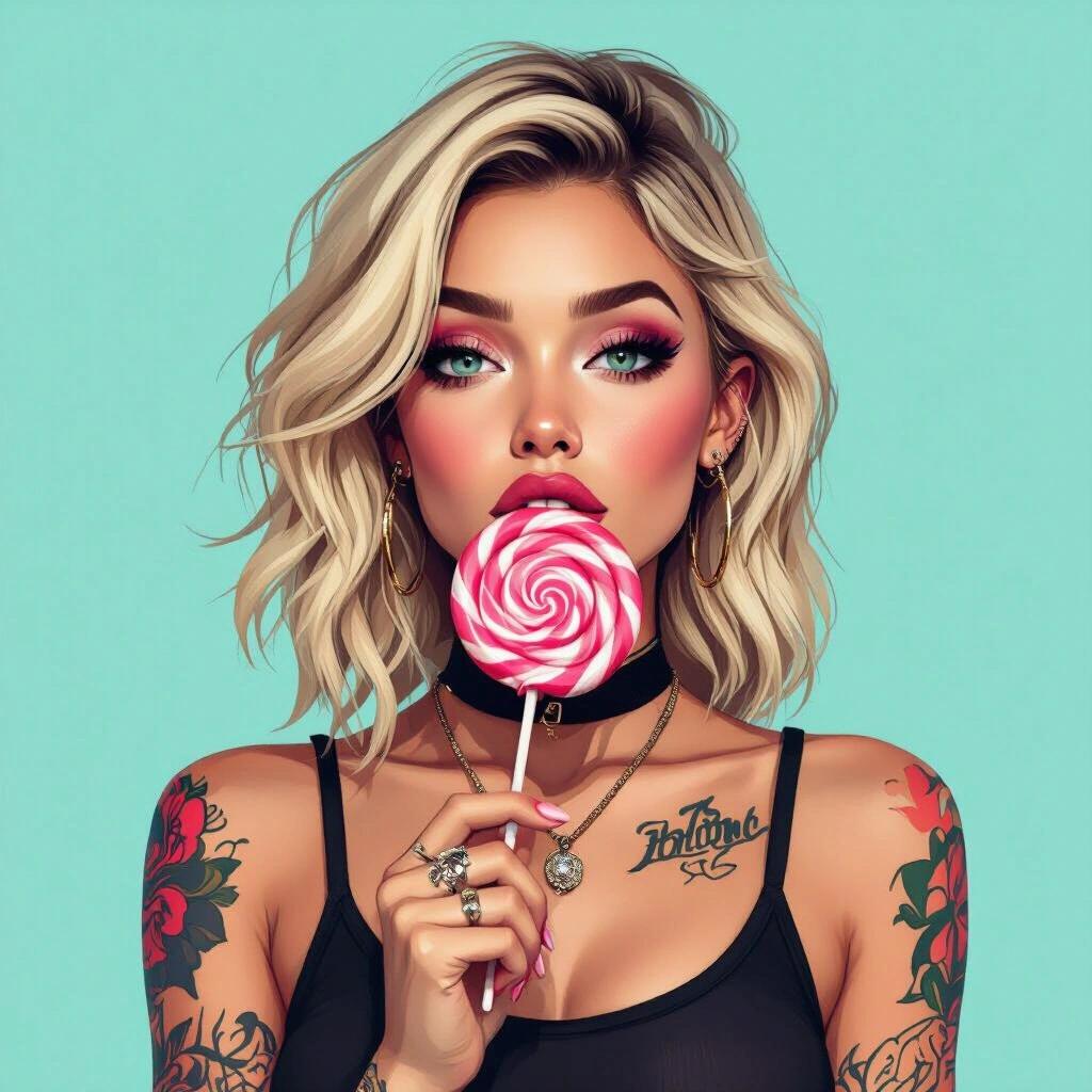 Create a captivating digital illustration of a woman with blonde hair. She has a crude expression and notable tattoos, wearing trendy fashion, holding a lollipop against a bright background.