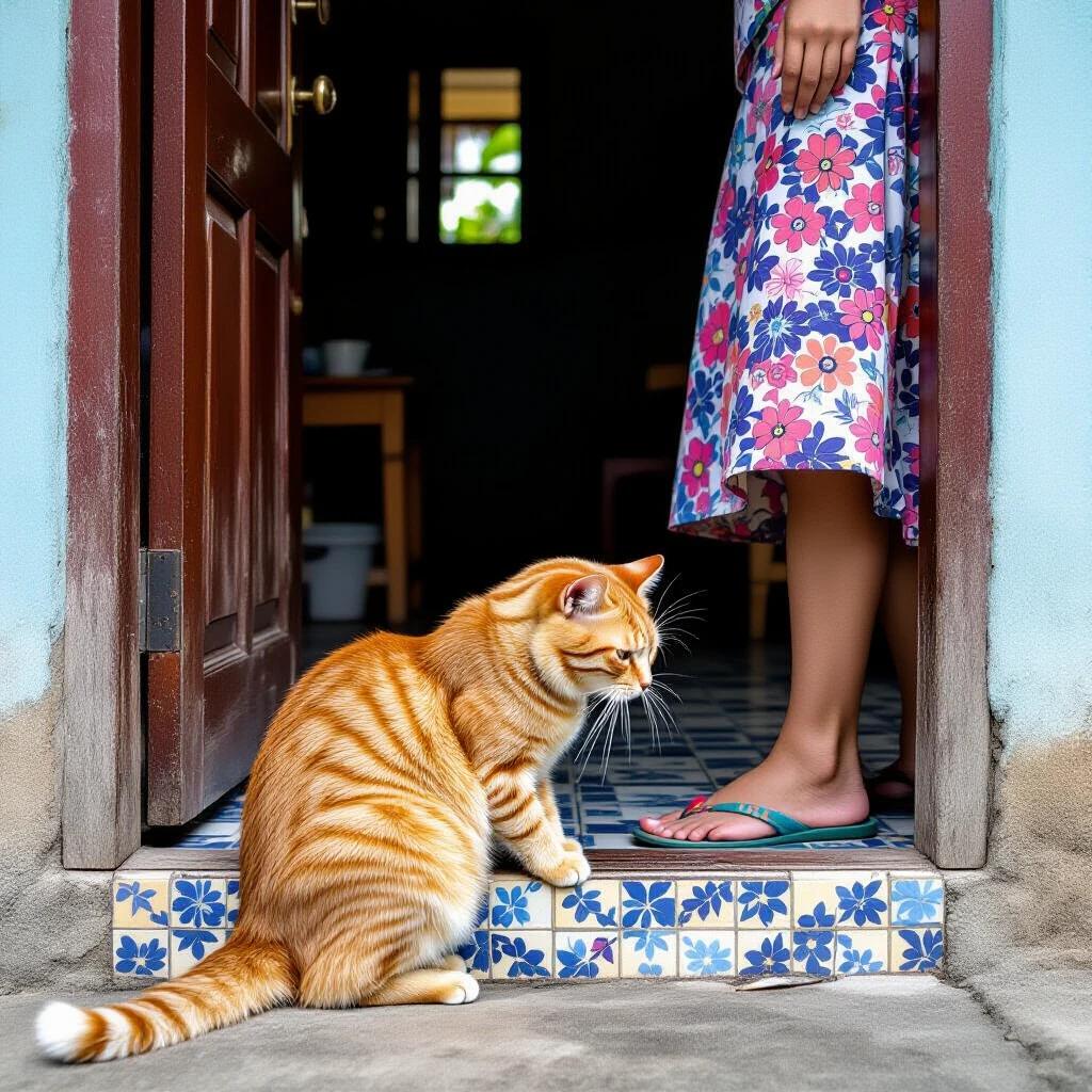 Sad orange cat faces away from modest Indonesian home doorway. Cat's body leans forward showing sadness. Right leg of a young woman visible wearing a cute skirt and rubber flip-flop. Foot extended as if kicking the cat. Home has blue ceramic tiles and wooden door. Scene lit with tropical daylight, evoking an emotional vibe.