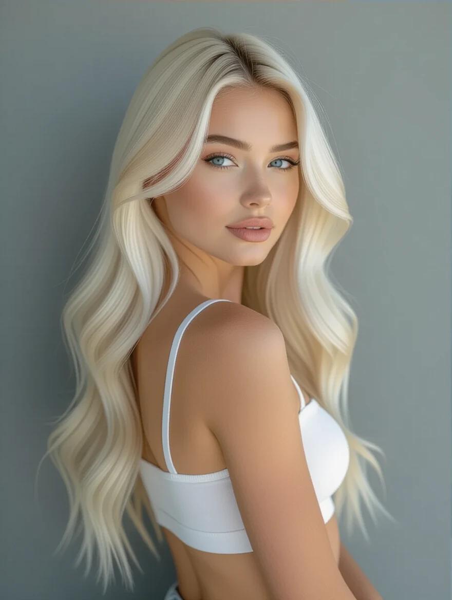 Generate an image of a young woman. She is in her mid-20s. The image focuses on the back view. She has long platinum blonde hair. She is wearing a white crop top. The background is neutral gray.