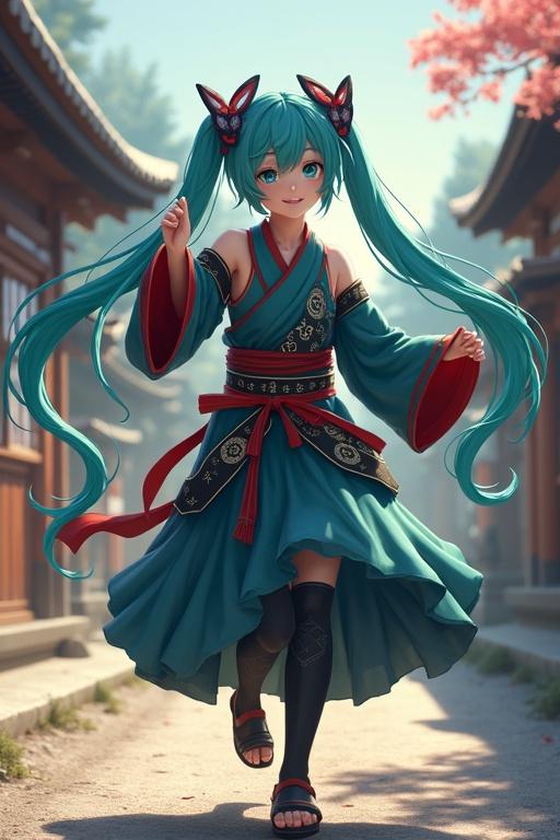 Hatsune Miku wears konohagakure ninja outfit. She dances in an ancient Japanese village surrounded by traditional buildings. Bright colors and soft lighting emphasize movement.