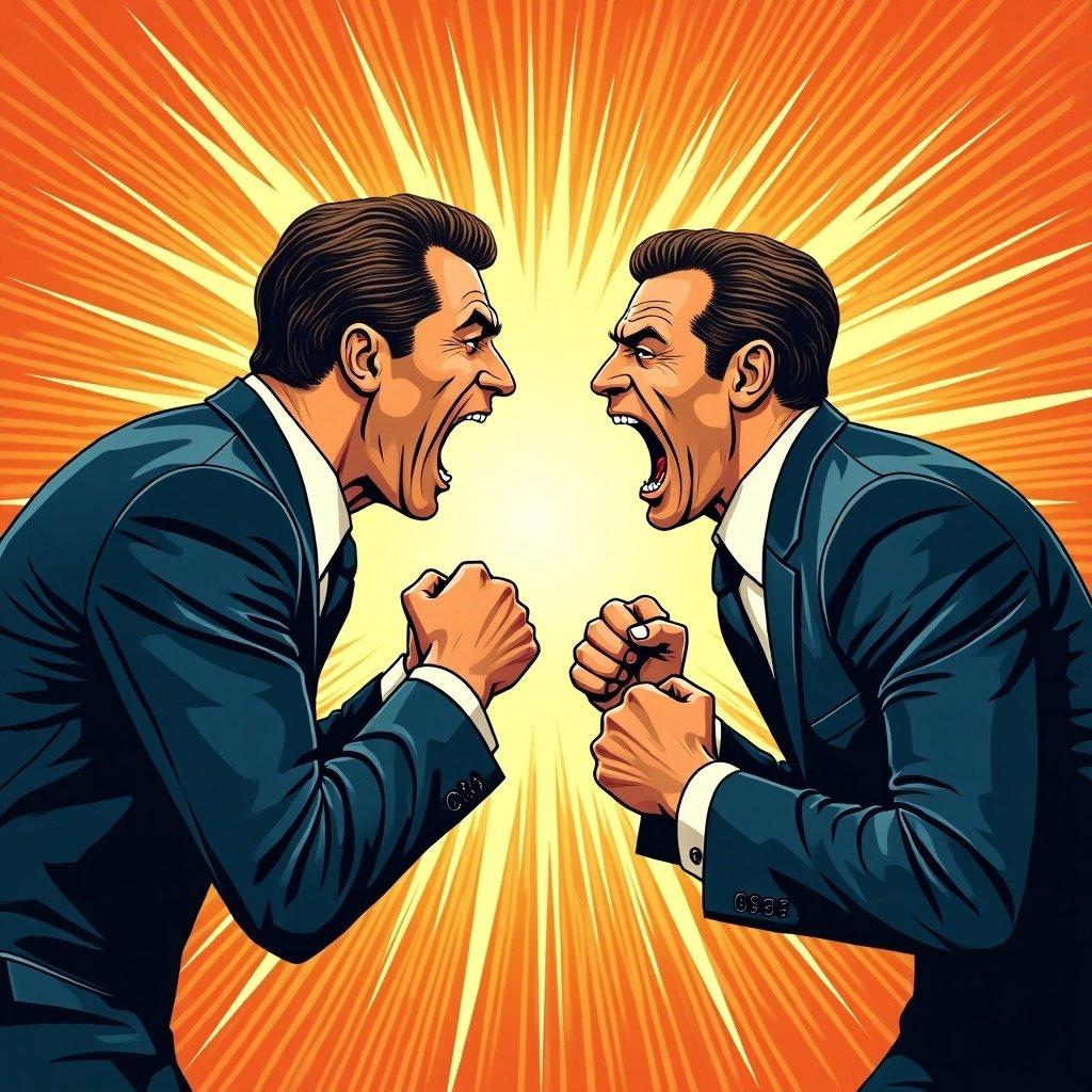 Vivid illustration of two identical figures in business suits engaged in an intense confrontation. Both appear to be shouting at each other with clenched fists meeting at the center. Dynamic background lines emphasize the explosive interaction.