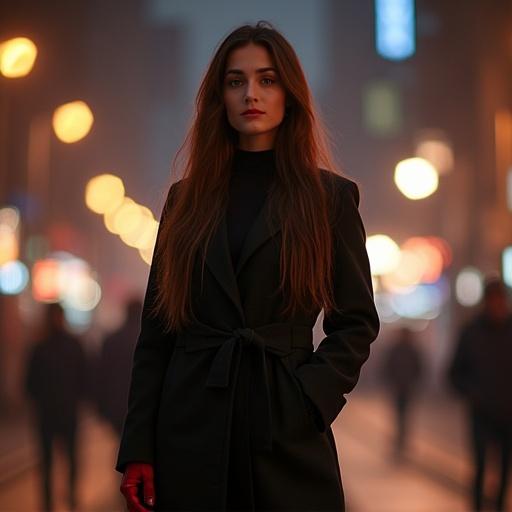 An Iranian woman stands under city lights. She has long silky brown hair. Her eyes are big and beautiful. She wears a black coat and red boots. The background is blurred with warm tones.