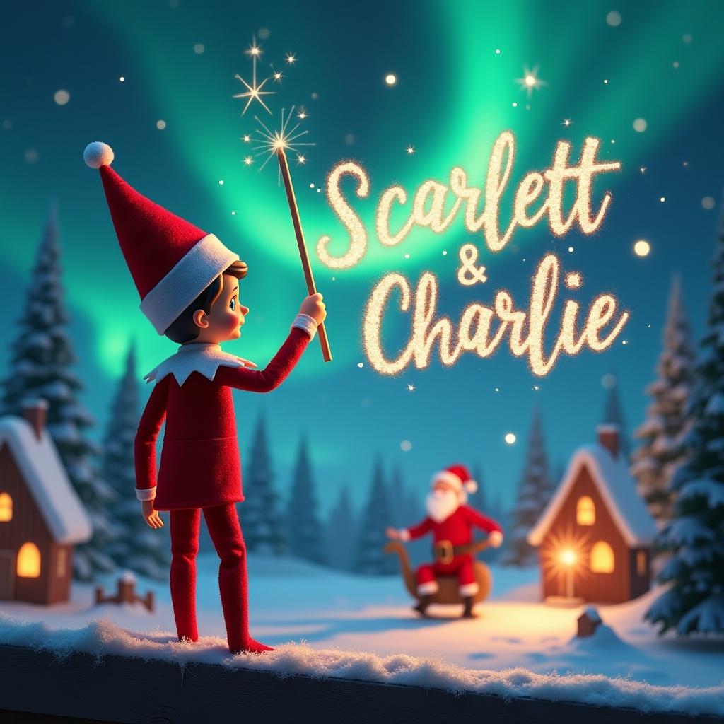 The image features an elf on the shelf standing with his back to the viewer, directed towards the vibrant sky. He is using a wand to write in magical sparkles, 'Scarlett & Charlie,' in beautiful italics. The background is adorned with the enchanting northern lights that cast a mystical glow. In the distance, Santa Claus can be seen, adding to the festive atmosphere. The snow-covered ground and whimsical houses enhance the Christmas scenery, making the entire scene warm and inviting.