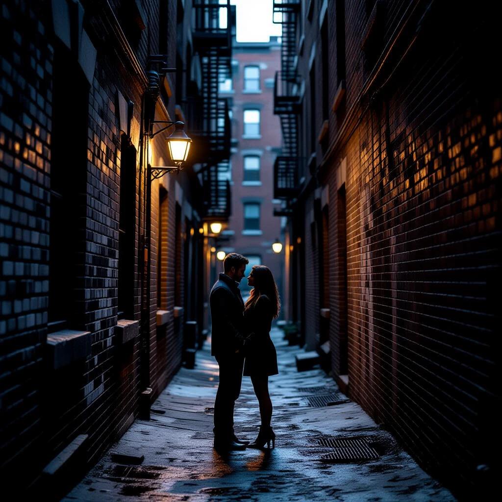 Narrow dim alleyway between large brick buildings. Street lamps light up the wet ground. A couple stands closely together in silhouette. Thick air with damp scent. Darker surroundings enhance intimate mood.