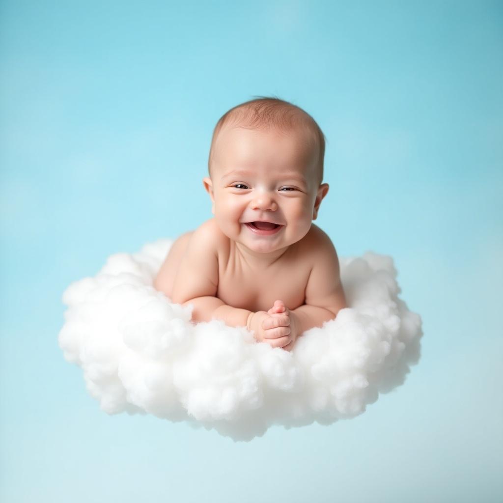 A newborn baby is smiling widely, lying on a fluffy white cloud. The baby has a joyful expression and is looking directly at the camera. The background is a soft, light blue sky, enhancing the serene and magical feel of the image. The cloud looks soft and inviting, creating a dreamy atmosphere. This charming composition illustrates the purity and happiness of infancy beautifully.