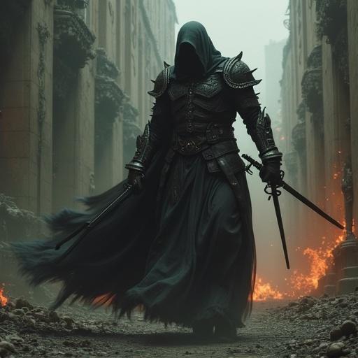 A dark armored figure walks through a ruined city. Flames flicker in the background. The figure wields a sword, dressed in flowing, shadowy garments. An atmosphere of dread and tension surrounds the scene.