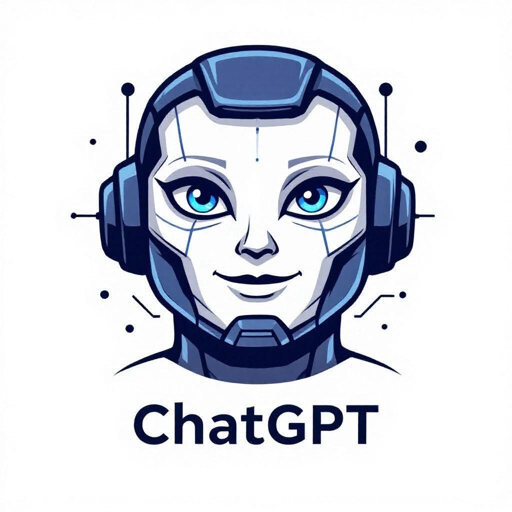 Logo design featuring an AI character with headphones on a white background. Character has blue eyes and a friendly expression. Logo text reads 'ChatGPT'.