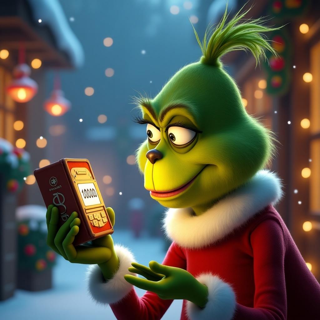 Animated Grinch holds phantom wallet. Looks excited about earning 100000 dollars. Christmas setting with snow and festive decorations.