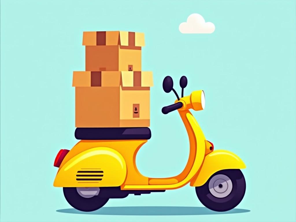 This image features a cheerful yellow scooter loaded with several cardboard boxes stacked on top. The background is light blue, creating a sense of freshness and openness. The scooter is designed in a cartoonish style, which adds a playful touch to the image. It represents the concept of delivery services, making it suitable for various commercial uses. The boxes appear to be securely placed, enhancing the idea of efficient transportation and delivery.