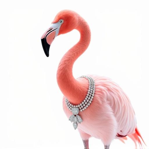 Hyper-realistic studio photo of a pink flamingo with a long curved neck in profile view. The flamingo wears a luxurious diamond necklace. Background is clean and pure white. High-fashion lighting enhances details on feathers and diamonds. Luxurious and minimalistic composition.