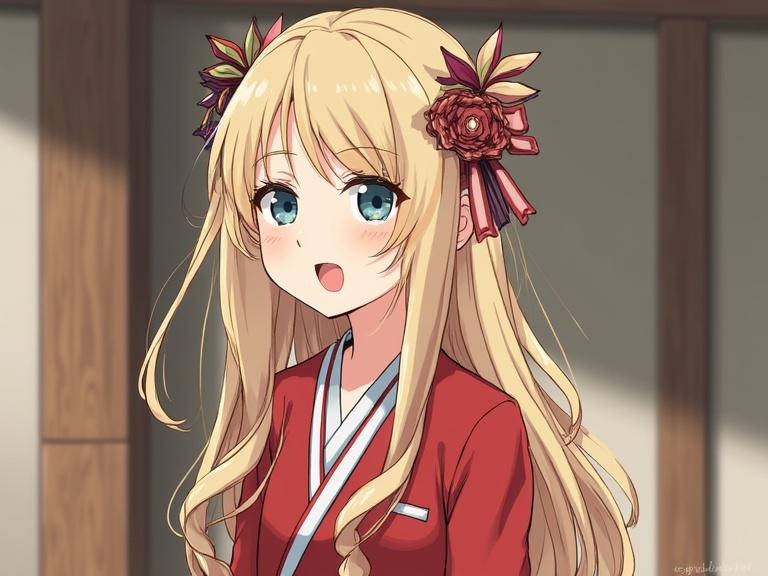 Anime character with long blonde hair wearing a red outfit with floral decoration. She has a cheerful expression and blue eyes. Soft lighting enhances her features.