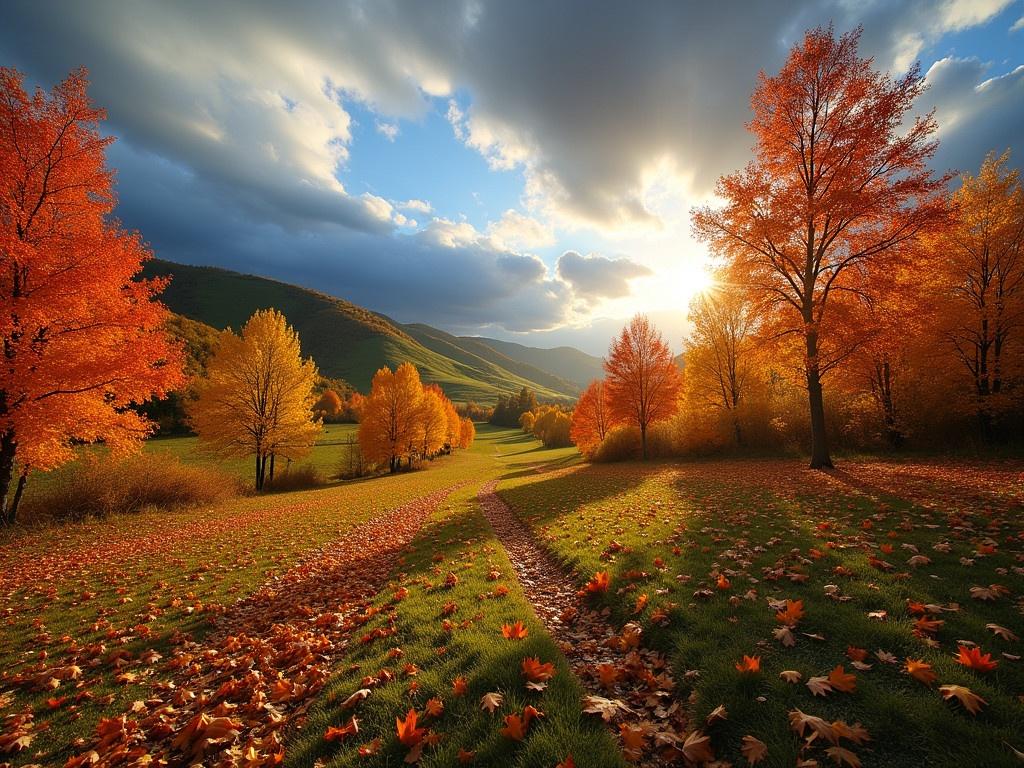 A serene landscape during autumn with vibrant orange, yellow, and red leaves on the trees. The foreground features a carpet of fallen leaves covering the ground. In the background, there is a rolling green hill that adds a touch of contrast to the warm colors. The sky is partly cloudy with dramatic blue and gray clouds, and the sun shines brightly through the opening clouds, casting a golden glow over the scenery. This picturesque scene captures the beauty and tranquility of a fall day.