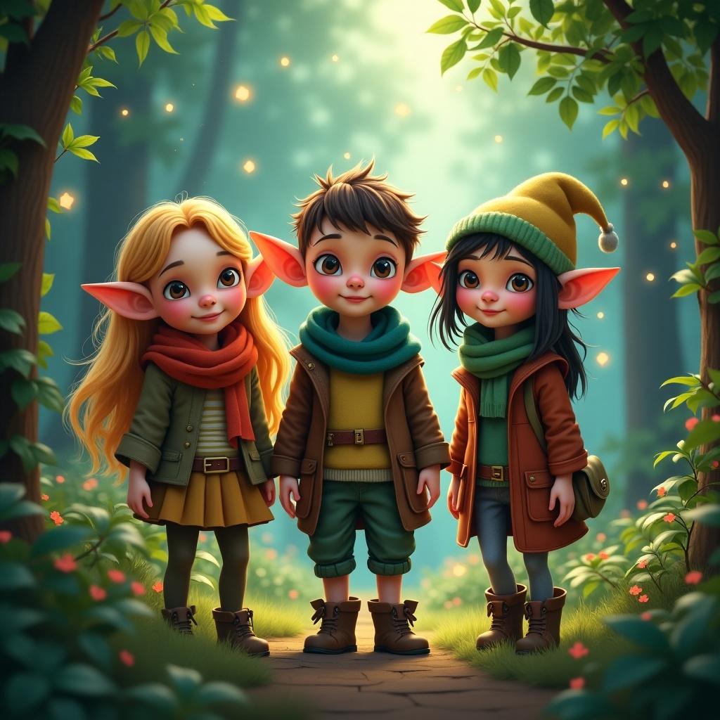 Three elves are standing together in a magical forest. Each elf showcases distinct features and clothing. The atmosphere is enchanting with soft light filtering through the trees.