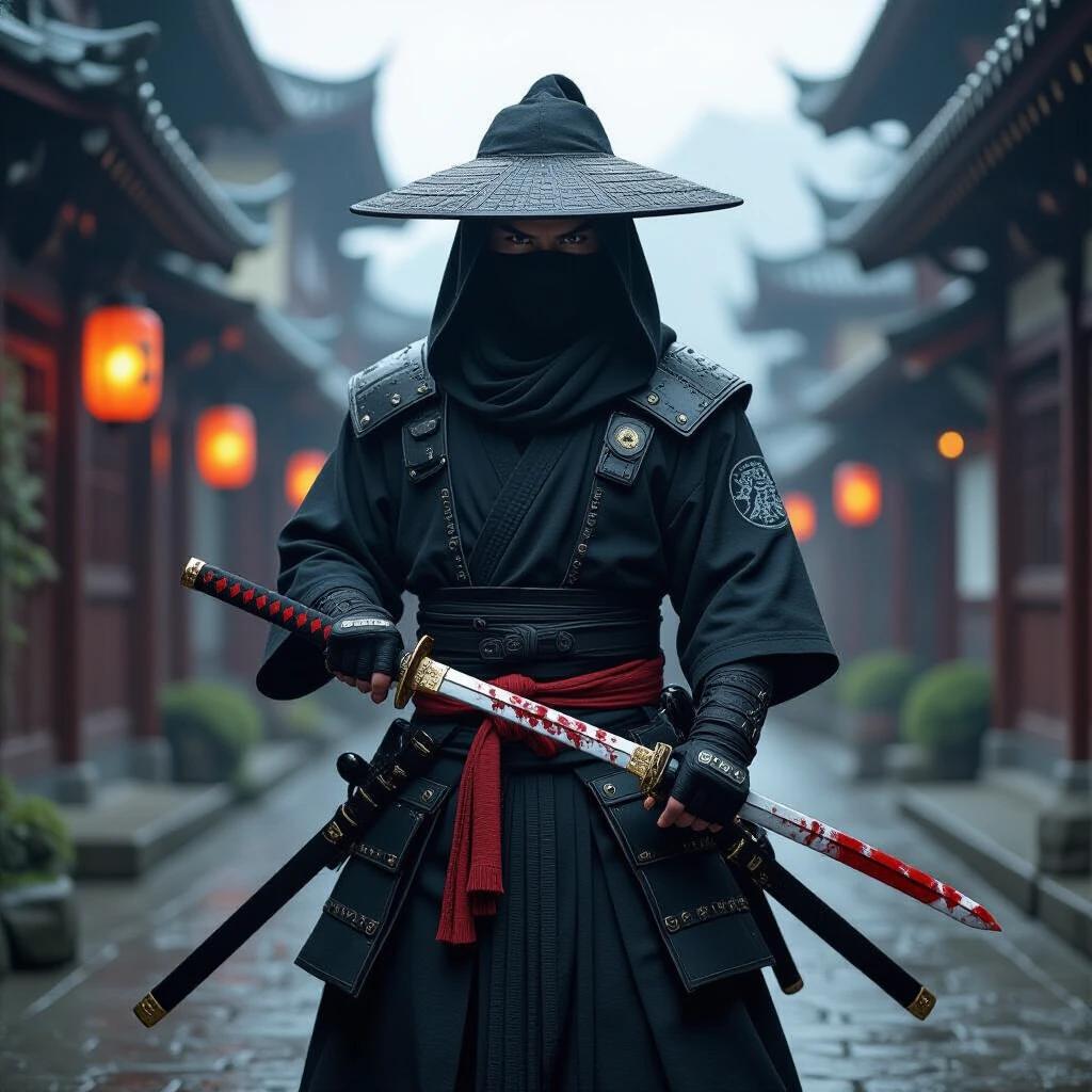 A full body shot features a samurai ninja. The ninja wears traditional attire and grips a bloody katana. The scene reflects Japanese architecture with atmospheric depth. Mist surrounds. Background elements show soft lighting and vibrant colors.
