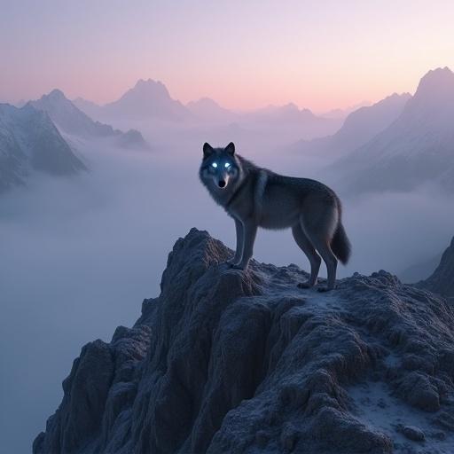 Photorealistic scene of a solitary wolf atop a misty mountain ridge. The wolf is positioned in the upper-left quadrant, occupying 10-15% of the image. The landscape shows rugged peaks fading into fog under a twilight sky of soft purples and grays. The wolf has detailed fur with frost and its eyes glow silver-blue. Gentle wind stirs the mist, and scattered snowflakes catch golden light. The color palette includes grays, browns, and pale blues with futuristic accents. The composition has vast negative space, emphasizing the wolf's silhouette against the wilderness. Mood is meditative and resilient.