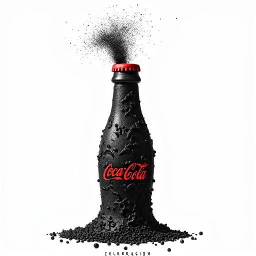 Conceptual art piece showcasing an artistic representation of a Coca-Cola bottle in dark textures. The bottle erupts with small spheres, crowned by a red cap. Text 'Ayahuasca' in cursive red and 'CELEBRACIÓN' in black below the bottle. Plain white background.