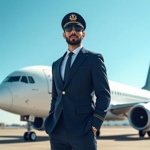 Portray an airline pilot in modern uniform wearing aviator sunglasses. The pilot stands confidently in front of a commercial airplane. The background features a bright blue sky. The style is realistic with professional lighting and high detail.