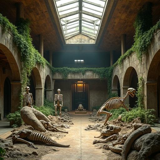 Museum interior featuring mammoth skeletons among overgrown vines. The setting appears abandoned with soil and plant life surrounding the fossils. Natural light illuminates the scene through a skylight.