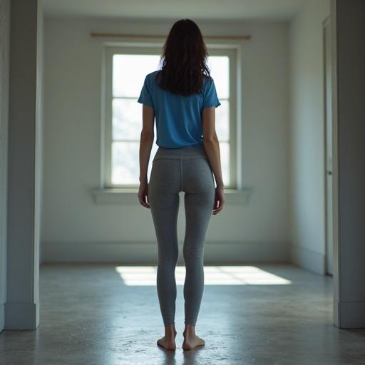 A tall woman in leggings and a t-shirt stands in a room. She is seen from a low angle. Light comes in through the windows creating an ethereal glow. The setting has a contemporary feel with a neutral color scheme.