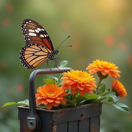 Butterfly flying with a toolbox filled with vibrant flowers. Close-up perspective with a soft focus background.
