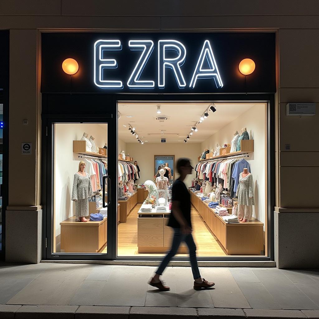 Image of a storefront named 'EZRA' located in Tel Aviv. The elegant shop promotes a fashionable ambiance with clothing on display. The scene captures the atmosphere of finality after 20 years in business. Soft lighting highlights its interior. A passerby walks in front of the store, feeling significant emotion.