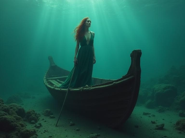 A woman stands in a weathered sunken boat underwater. She has long dark red hair and wears a flowing deep teal gown. The boat is dark brown and shows decay. The environment is underwater with wreckage. The scene is illuminated with diffused light. The perspective is from below, emphasizing her presence. The mood is contemplative and mysterious.
