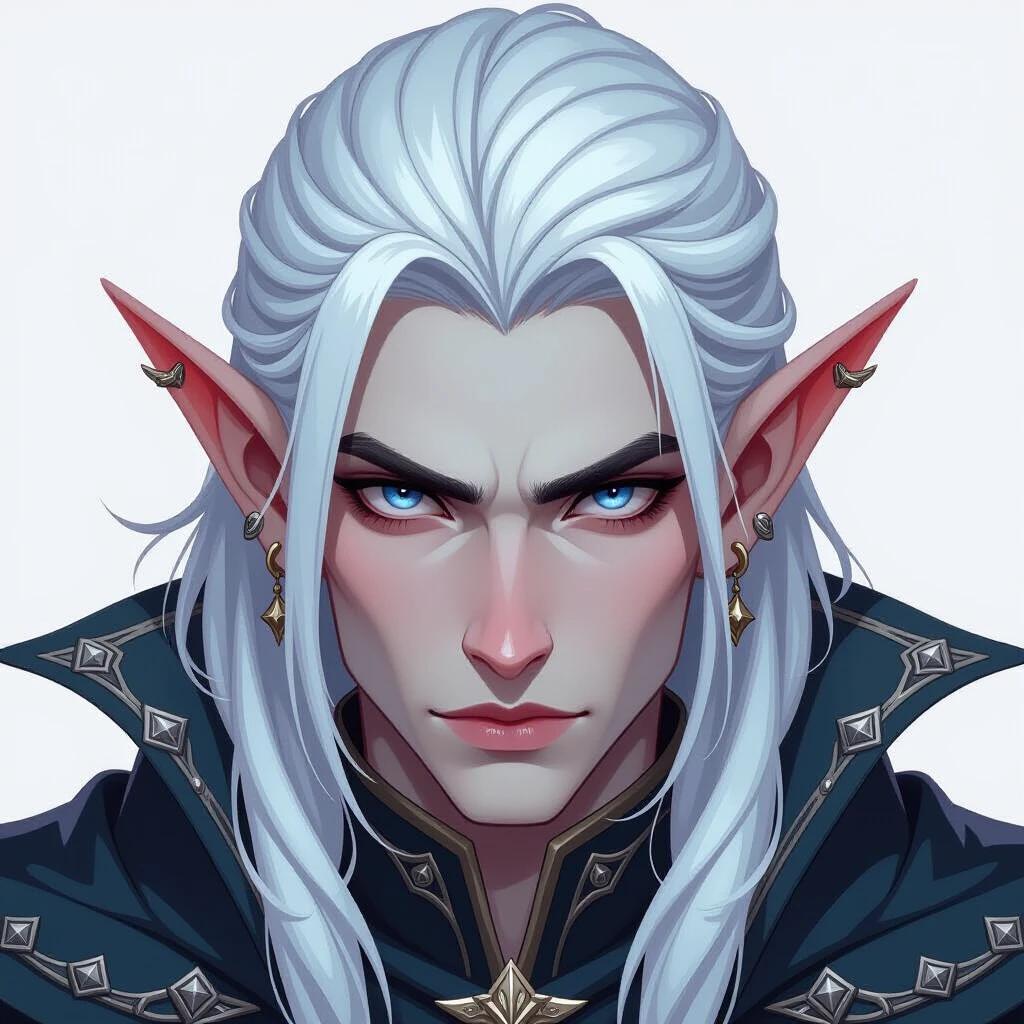Elf character features pale skin white hair and long ears. Character displays intense expression with narrow blue eyes and sharp jawline. Dressed in ornate dark cape decorated with metal studs. Illustration appears in detailed graphic design style with cartoonish and comic features. High contrast and bold colors create impactful visual.