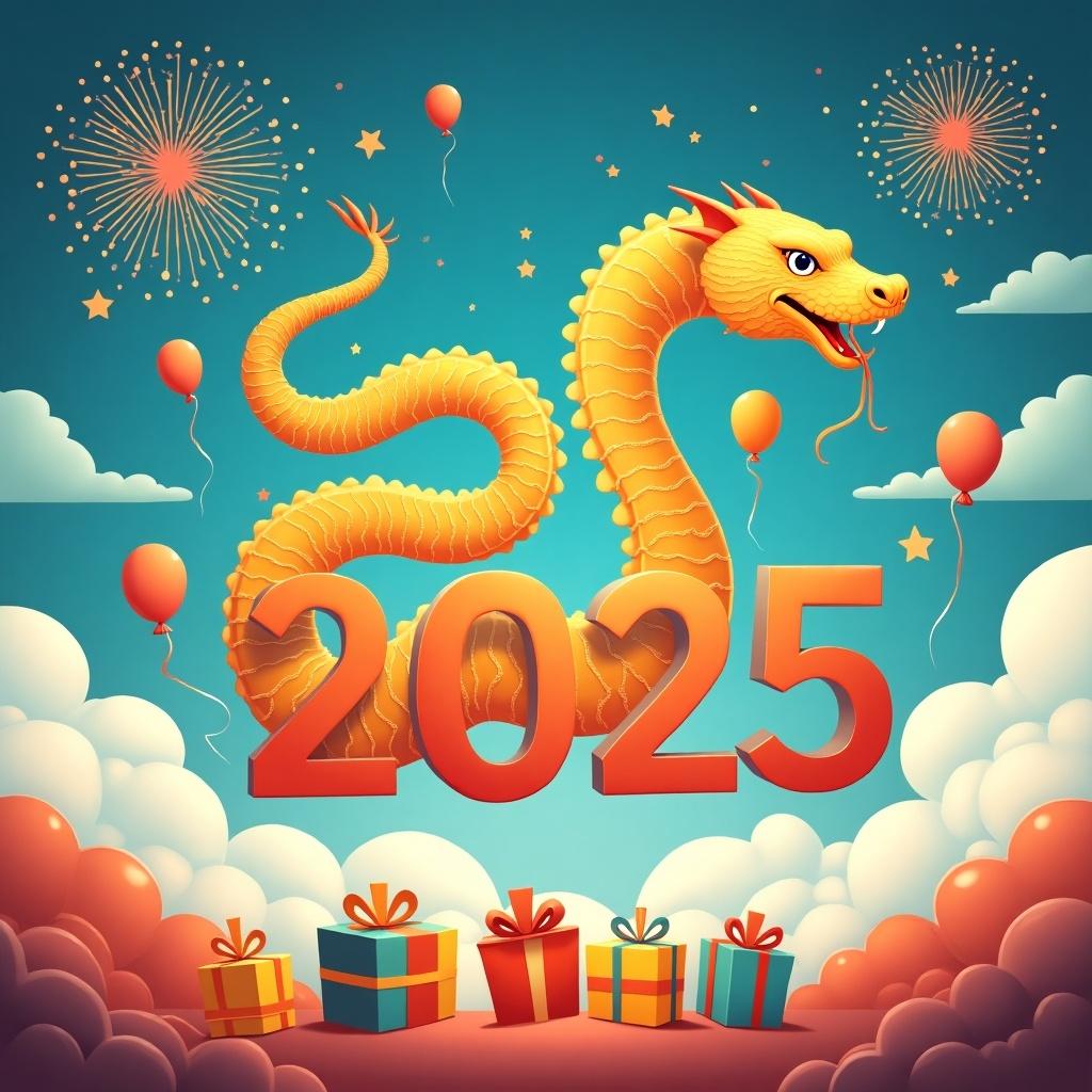 Happy New Year 2025 illustration featuring a powerful golden dragon among blue clouds with fireworks, balloons, and gifts.