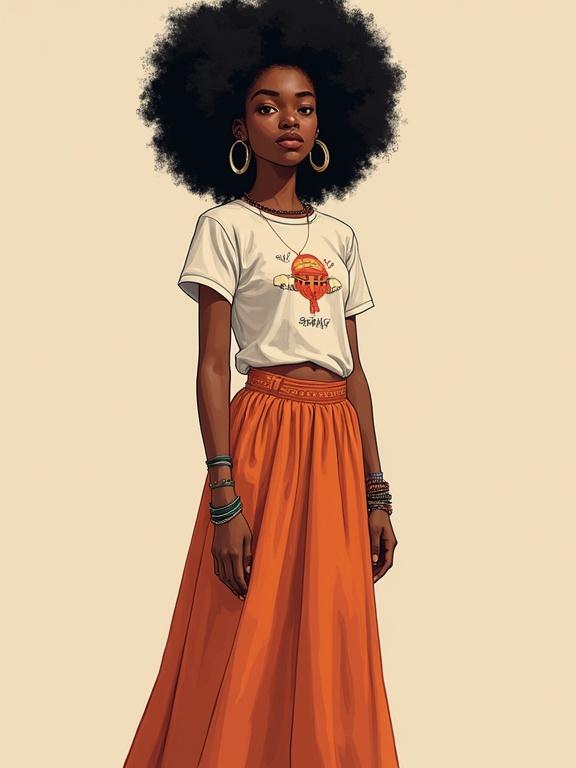 Full body portrait of a teenage girl with black fluffy afro hair. She wears a graphic t-shirt and a flowing orange maxi skirt. Accessories include handmade jewelry with bracelets and earrings. Background is trendy, reflecting modern fashion. Soft lighting enhances the illustration style.